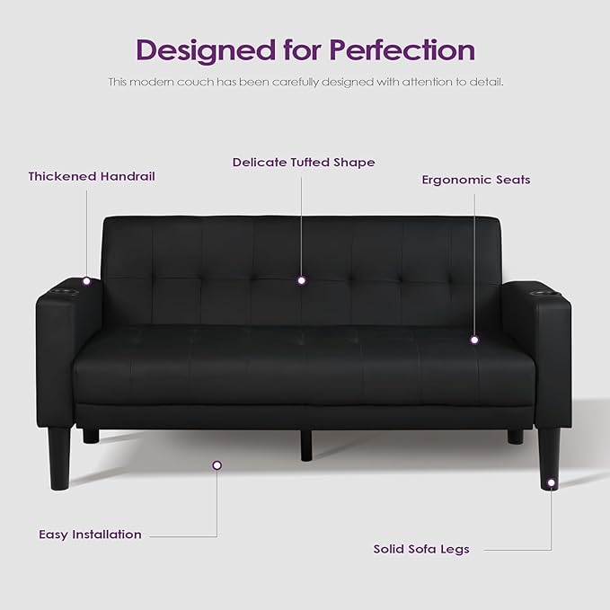 TYBOATLE Sofa Couch 62 W Loveseat w/ 2 USB Charger Ports &amp 2 Cupholders Mid-Century Modern Black Faux Leather Tufted Small Love Seat Couches for OfficeCompact Living RoomBedroomApartmentDorm