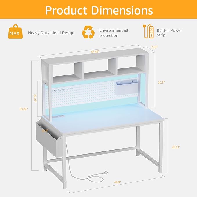 White Gaming Desk with Hutch and Pegboard - Computer Desk with Hutch Power Outlet 47 Inch Art Desk with Storage Hooks RGB and Side Bag Writing Modern Study Teen Desks for Girl Bedroom Home Office