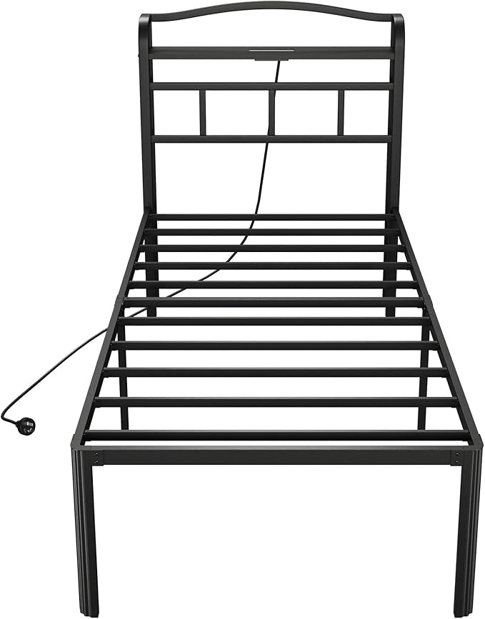 18 Inch Metal Bed Frame - Twin Size Black Heavy Duty Bedframe Platform Basic Mattress Foundation with Headboard &amp Charging Station No Box Spring Needed/Easy Assembly/Noise-Free