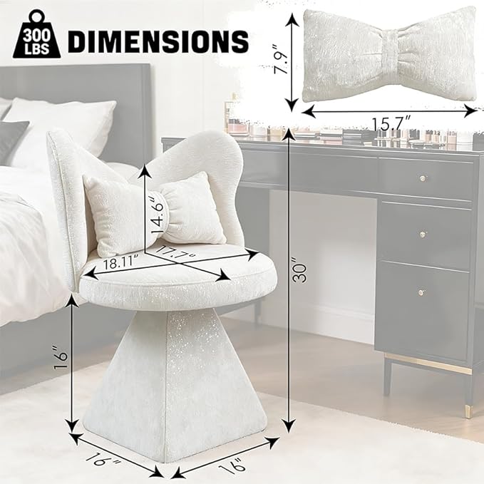 KEIKI 360° Swivel Accent Sofa Chair Armless Chenille Vanity Chair Upholstered Single Sofa for Living Room Bedroom or Vanity White