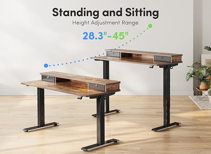 FEZIBO 40 x 24 Inch Height Adjustable Electric Standing Desk with Double Drawer Stand Up Desk with Storage Shelf Sit Stand Desk Rustic Brown
