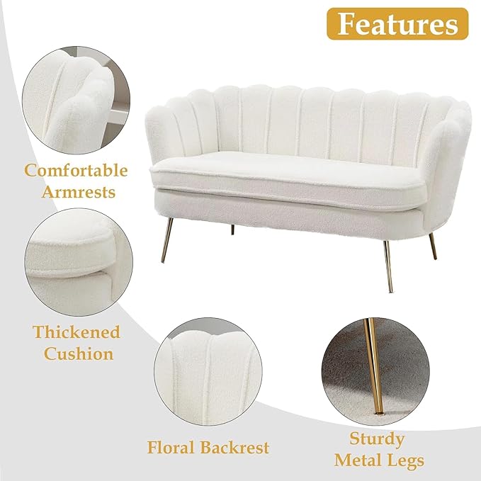 59 Wide Modern Boucle Loveseat Small Sofa Small Mini Room Couch 2-Seater Sofa with Gold Metal Legs for Space Office Studio Apartment Bedroom (Ivory)