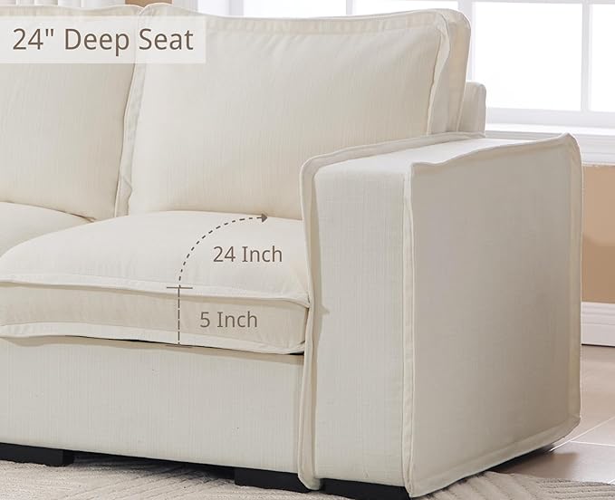 EALSON 119 Modular Sectional Sofa Modern Comfy 4-Seater Couch Sofa Linen Fabric Upholstered Cloud Couches with 24 Deep Seat and Wooden Legs for Bedroom/Living Room/Office White