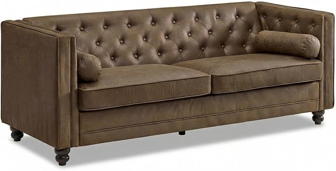 ONBRILL 79'' Faux Leather Couch for Living Room Comfy Chesterfield Button-Tufted Sofa with 2 Bolster Pillows and Wood Legs Mid-Century Modern Deep Seat Couch for Apartment Office Brown
