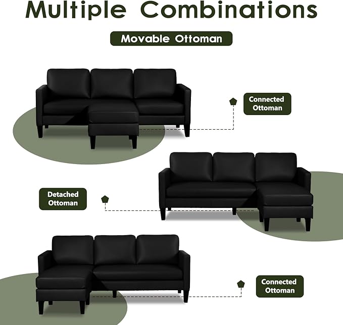 Faux Leather Sectional Couch L Shaped Sofa with 3 Seater Couch and Reversible Chaise Convertible PU Leather Comfy Couches for Living Room (Black)