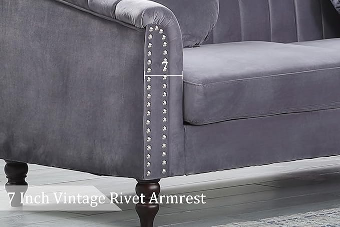 Chesterfield Chair Couch 40 Inch Luxurious Velvet Single Chair Chesterfield Settee Sofa Upholstered Rolled Arm with Rivets/Button Tufted Pillow Modern Sofa for Living RoomGray