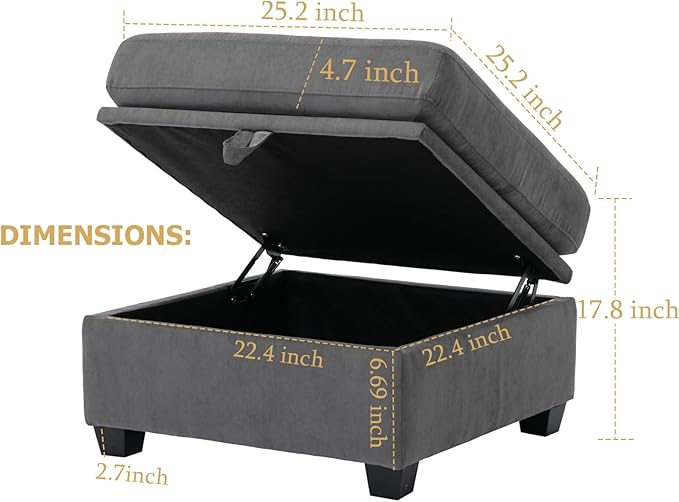 asunflower Ottoman with Storage for Couch Gray 25.2 Square Storage Ottoman Foot Rest for Living Room Large Ottomans for Dorm BedroomOffice with Deep Seating