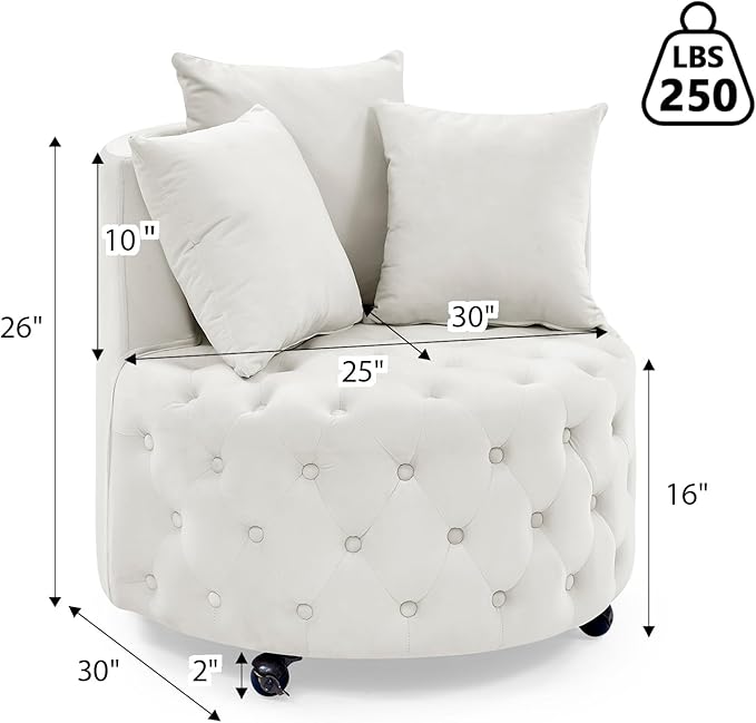 Swivel Barrel Chair Velvet Swivel Accent Sofa with 3 Pillows and 4 Wheels Modern Round Oversized Swivel Chair 360 Degree Swivel Sofa Chair Swivel Barrel Chair for Living Room Reception Room Beige