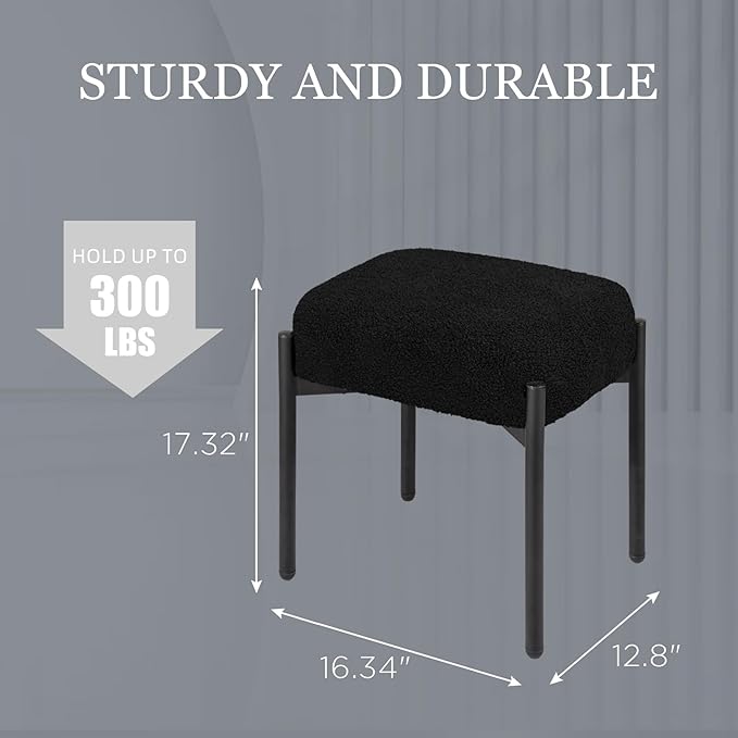 Vanity Stool Chair Faux Fur 16.3L x 12.8W x 17.3H Soft Ottoman Makeup Chair Bench Furry Padded Seat with 4 Metal Legs Footstool Multifunctional Chairs for Bedroom Living Room Black