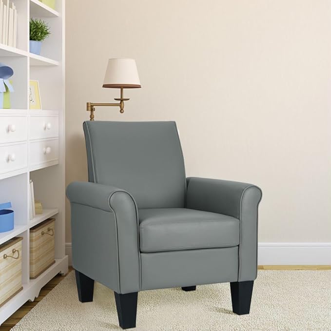 Lohoms Mid-Century Modern Accent Chair Overstuffed Leather Chairs for Living RoomUpholstered Comfy Club Chair Fake Faux Leather Armchair for Bedroom Apartment Office Lounge PU Leather Grey