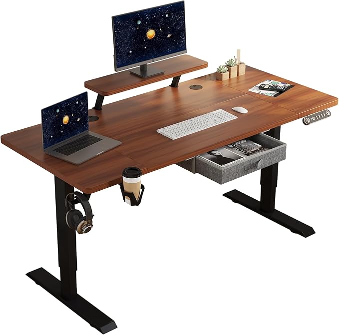 Electric Standing Desk with Drawer 63x30 Inches Height Adjustable Sit Stand Up Desk with Storage Shelf Home Office Desk Computer Workstation with Walnut Top/Black Frame