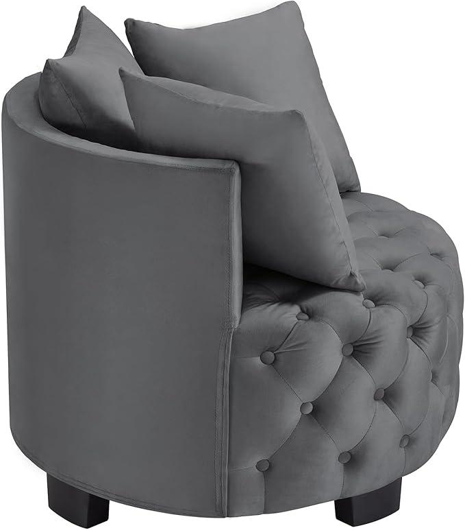 Velvet Accent Lounge Chair - 31.25''W Upholstered Button Tufted Velvet Barrel Chair with 3 Pillows with Button Tufted Modern Round Club Chair Reading Sofa Chair (Grey)