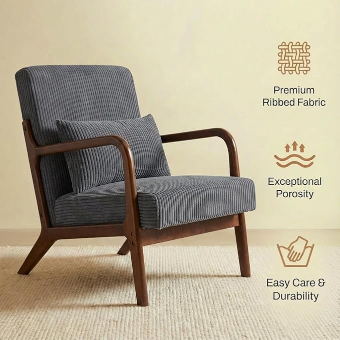 Corduroy Upholstered Mid Century Modern Accent Chair with Wide Armrests and Pillow Comfy Reading Armchair for Living Room Bedroom Guest Room (Antique Dark Grey+Walnut Finish Frame)