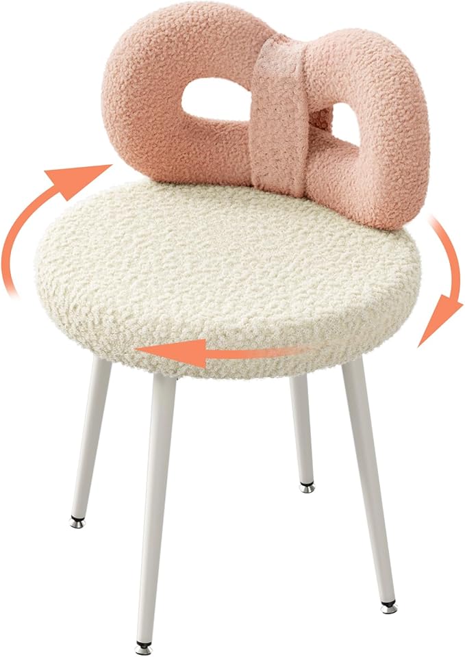 Vanity Chair with Back Swivel DesignNo WheelsSmall Upholstered Pink Makeup Chair for Girls with Cute Bow Backrest for Bedroom