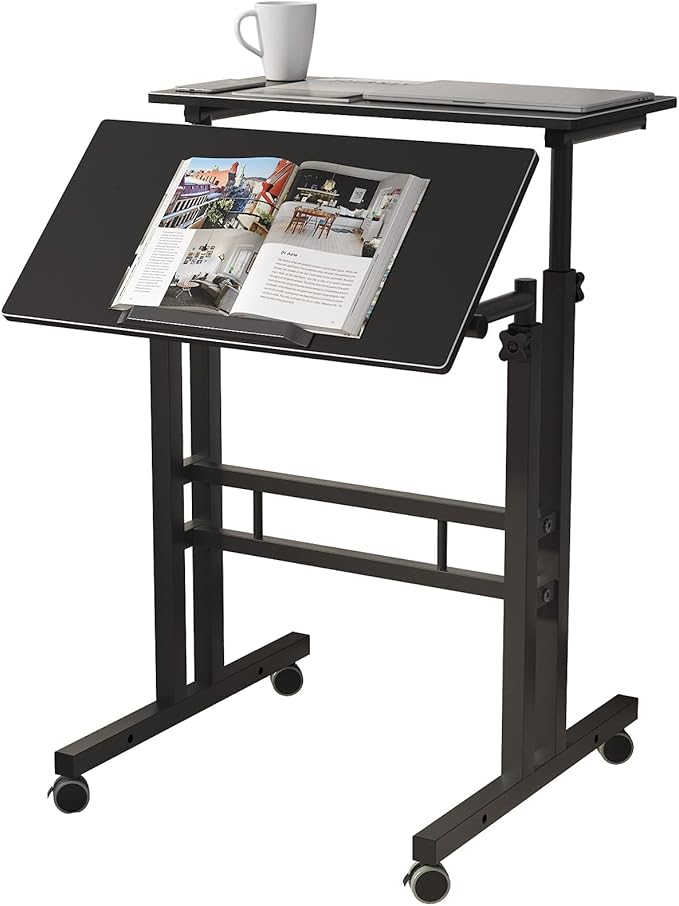 DlandHome Mobile Standing Desk Stand Up Rolling Desk Stand Sit Computer Desk Adjustable Standing Desk 23.6inches Table Workstation Mobile Cart Tray Black