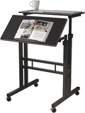 DlandHome Mobile Standing Desk Stand Up Rolling Desk Stand Sit Computer Desk Adjustable Standing Desk 23.6inches Table Workstation Mobile Cart Tray Black