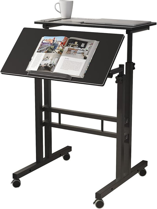 DlandHome Mobile Standing Desk Stand Up Rolling Desk Stand Sit Computer Desk Adjustable Standing Desk 23.6inches Table Workstation Mobile Cart Tray Black