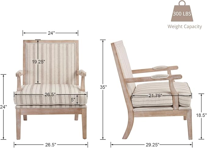 chairus Farmhouse Linen Accent Chair Set of 2 Upholstered Reading Chair with Solid Wood Frame Lounge Arm Chair with High Back for Living Room Reception Room Waiting Room Khaki Stripe