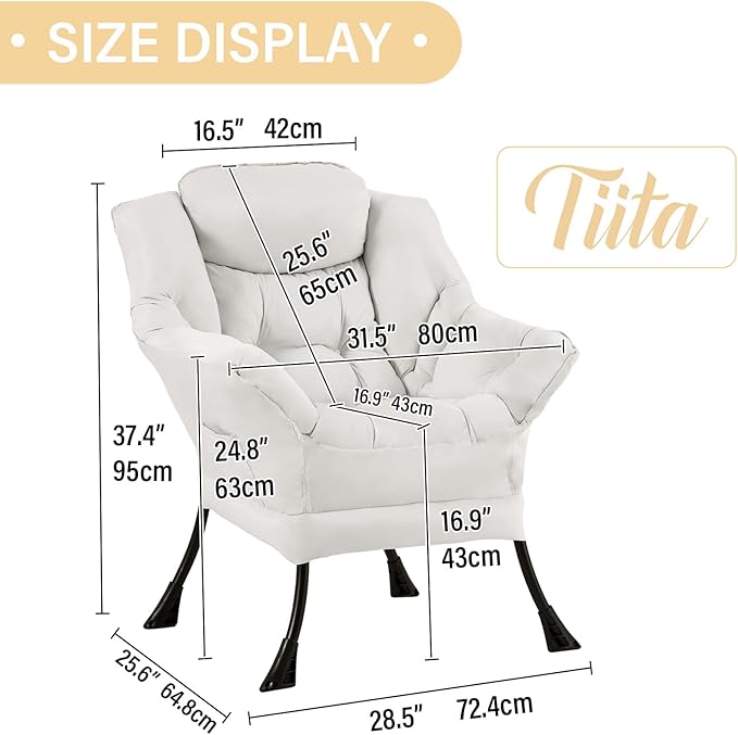 Tiita Lazy Chair Beige Modern Large Accent Armchair Comfy Leisure Sofa Reading Chair for Bedroom Living Room Dorm Rooms Garden and Courtyard Beige
