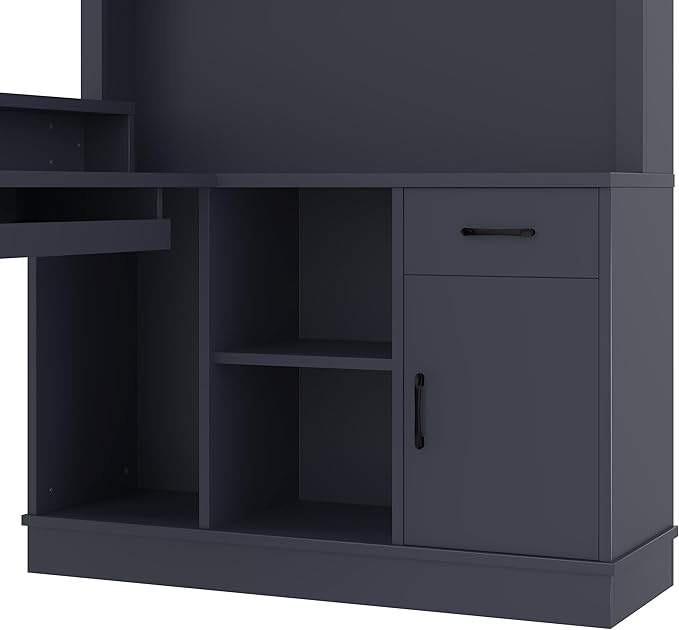 L-Shaped Computer Desk with Outlet Drawers Bookshelf Modern Corner Desk L-Shaped Study Table Writing Desk Corner Gaming Computer Desk with Storage for Living Room Home Office (Blue)