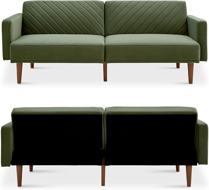 mopio 76.4 Futon Sofa Bed Couch Loveseat Sleeper Sofa Mid Century Modern Futon Couch Sofa Cama Couches for Living Room (Olive Green Premium Velvet)