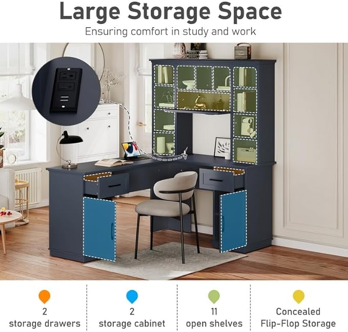 Polibi L-Shaped Computer Desk with Storage - 2-in-1 Design with 2 Drawers and 2 Cabinets 11 Open Shelves &amp Power Outlet for Home Office Study Room Antique Blue