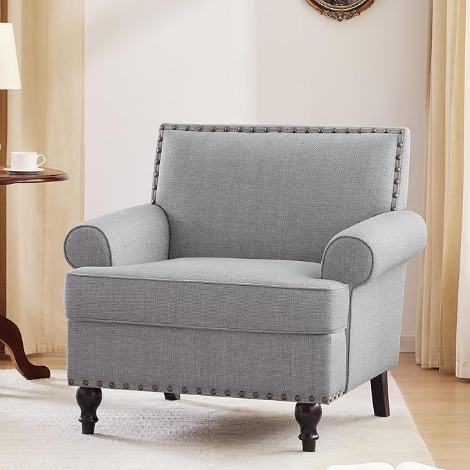 Accent Chair Retro Living Room Chairs with Soft Cushion Mid Century Modern Arm Chair Comfy Upholstered Reading Sofa Chair Grey