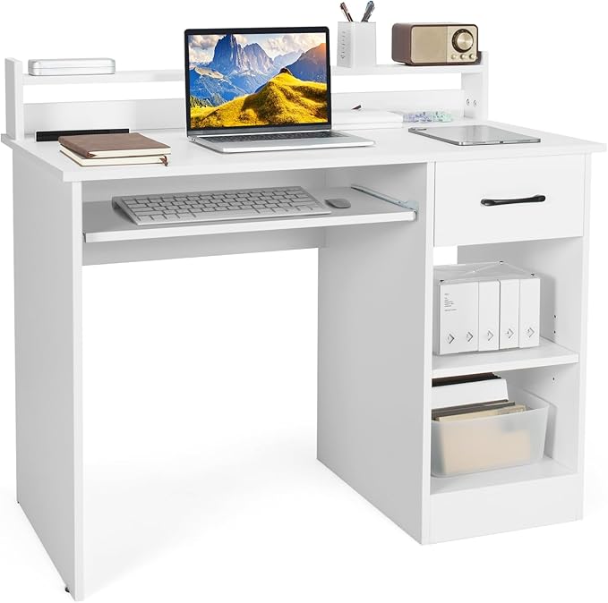 GOFLAME White Computer Desk Home Office Desk with Large Drawers Hutch Keyboard Tray 5-Position Adjustable Open Shelves Easy Assembly Writing Desk for Bedroom Small Space Living Room White