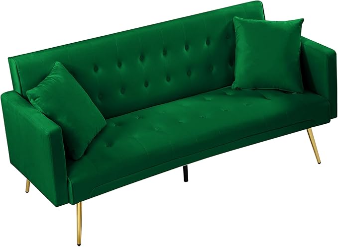 Anwick Modern Velvet Futon Sofa Bed: 72 Satin Convertible 2 Pillows Tufted Back Golden Metal Legs Folding Sleeper Loveseat for Small Space Home Office Living Room (Green)