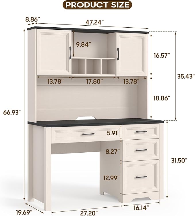 Vabches Farmhouse Executive Desk with 4 Drawers and Storage Cabinet Rustic Large Home Writing Desk with Hutch Workstation for Bedroom Black.