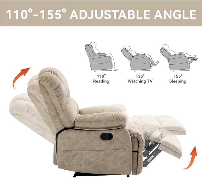 Manual Recliner Chair with Adjustable Recline for Living Room Oversized Lazyboy Recliner Chairs with Overstuffed Arm &amp Back Comfy Soft Fabric Lounge Single Sofa for Adults (Beige)
