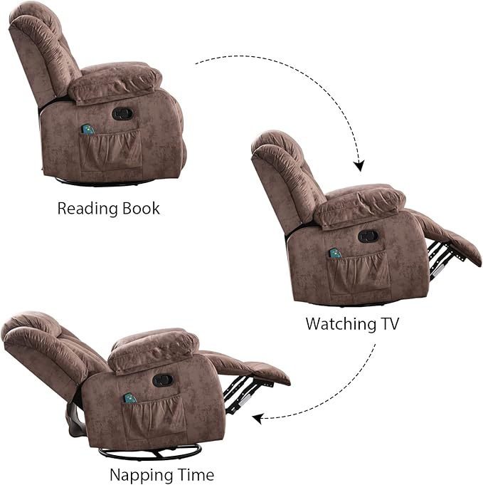 INZOY Rocker Recliner with Heat and Vibration Manual Swivel Rocking Chair with Vibrating Massage Comfy Padded Overstuffed Soft Fabric Heated Recliner (Brown)