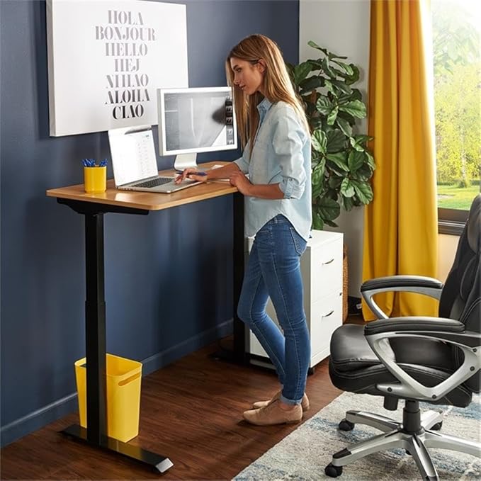 UrbanPro Electric Height Adjustable Standing Desk 47 in x 24 in Light Brown Finish Motorized Lift System Ergonomic Home Office Desk for Sitting or Standing Large Desktop Supports Up to 110 lbs