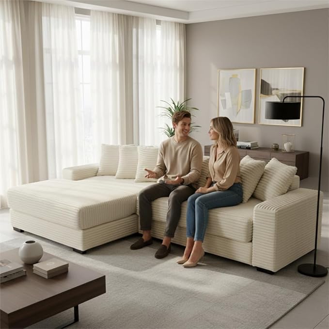 110 Cloud Sectional Couch L Shaped Sectional Couch with Chaise and 8 Side Sleeper Pillows 5 Seat Sleeper Sofa Bed for Living Room Corduroy Fabric Beige Left Style