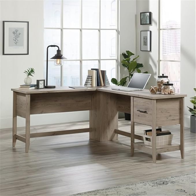 Scranton &amp Co L-Shaped Engineered Wood Computer Desk Laurel Oak Finish 58.66 W x 66.46 D x 29.02 H File Drawer Lower Shelf Cord Management Tapered Feet Home Office Desk