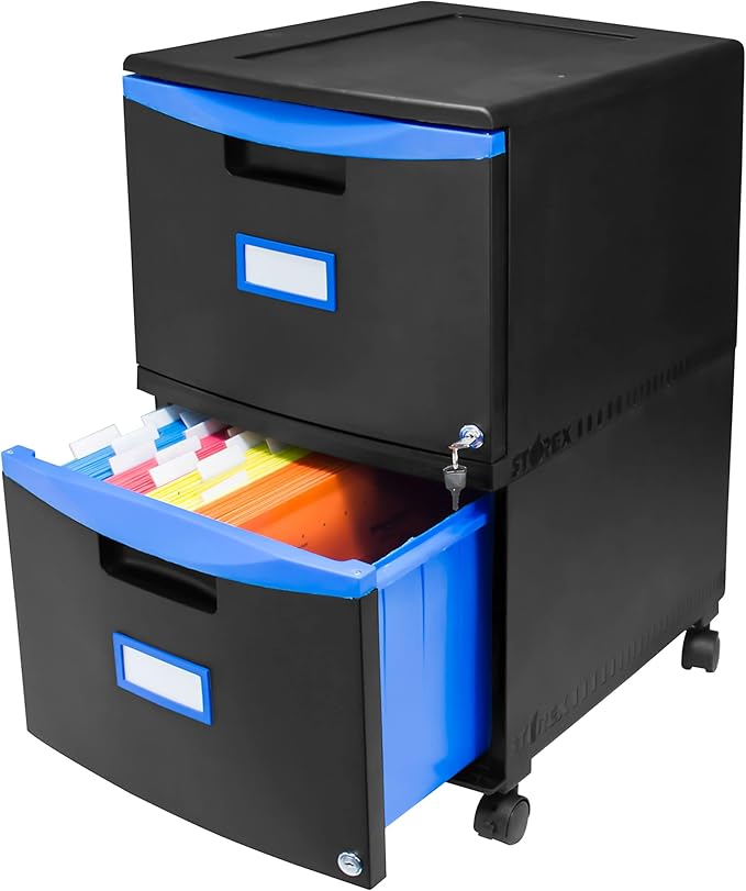 Storex Two-Drawer Mobile Filing Cabinet 2 Legal/letter-Size File Drawers Black/blue 14.75 X 18.25 X 26