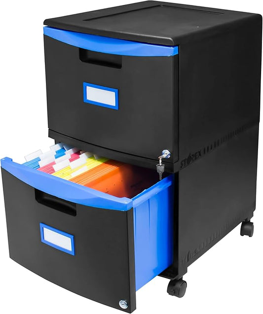 Storex Two-Drawer Mobile Filing Cabinet 2 Legal/letter-Size File Drawers Black/blue 14.75 X 18.25 X 26