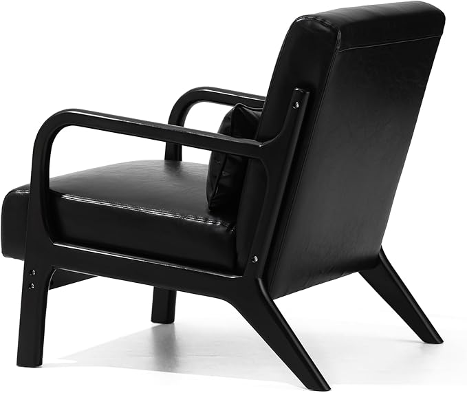 Glitzhome Accent Armchair with Walnut Ruberwood Frame Black PU Leather Lounge Chair for Living Room