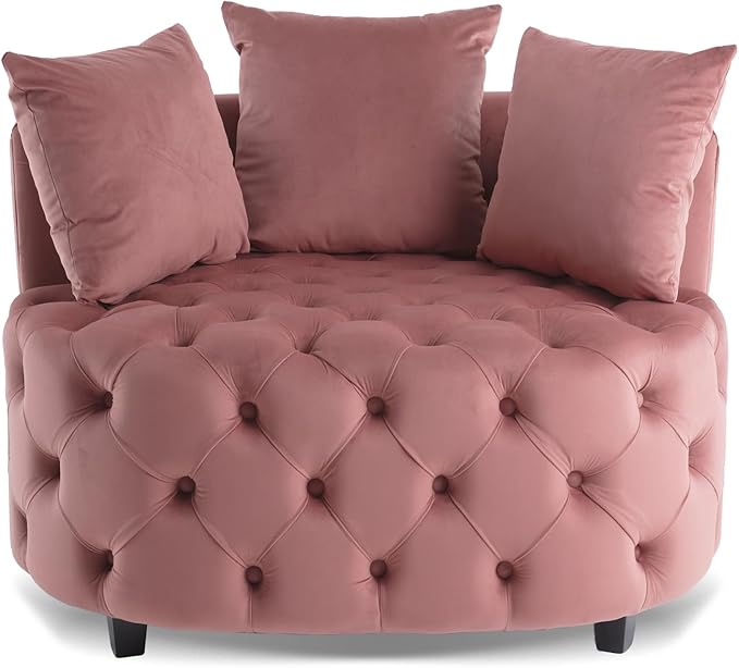 Round Accent Chair 40” Modern Velvet Sofa Chair with 3 Pillows Comfy Upholstered Tufted Club Lounge Chair for Living Room Bedroom Pink