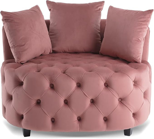 Round Accent Chair 40” Modern Velvet Sofa Chair with 3 Pillows Comfy Upholstered Tufted Club Lounge Chair for Living Room Bedroom Pink