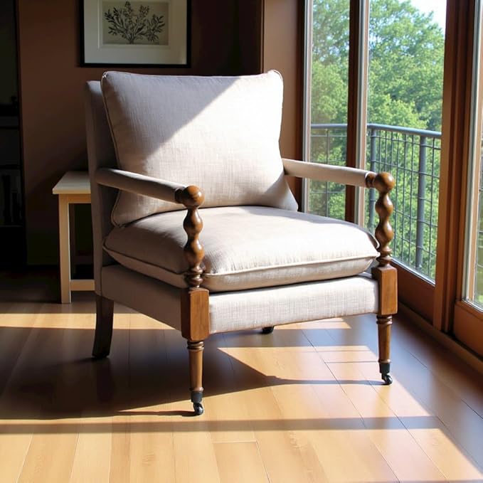 Beige Upholstered Accent Chair with Casters Perfect Armchair for Living Room Small Living Room Chair Stylish and Comfortable Arm Chairs