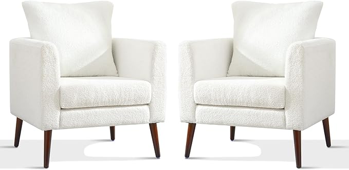 cinkehome Accent Chair Set of 2 for Living Room Modern Upholstered Teddy Barrel Arm Chair Large Pillow Solid Wood Legs