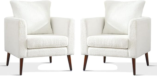 cinkehome Accent Chair Set of 2 for Living Room Modern Upholstered Teddy Barrel Arm Chair Large Pillow Solid Wood Legs