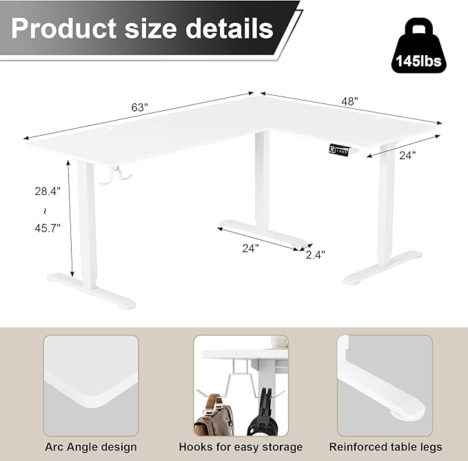 Shahoo L-Shaped Corner Standing Desk Electric Height Adjustable Table Home Office Workstation 63 x 48 Inch White