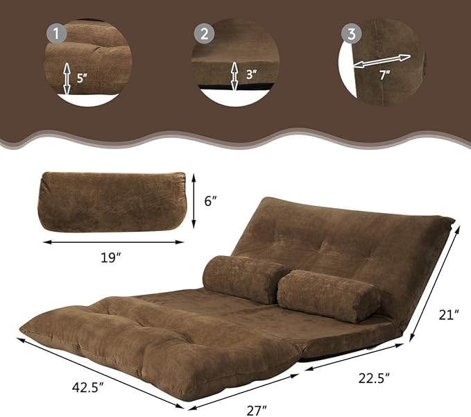 Giantex Adjustable Floor Sofa Couch with 2 Pillows Multi-Functional 6-Position Foldable Lazy Sofa Sleeper Bed Multi-Functional Suede Floor Seating Sofa for Reading Gaming (Coffee)