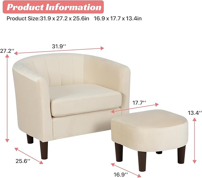 Dkelincs Accent Chair with OttomanBarrel Reading Chair with Velvet Fabric for Living RoomMore Spacious and SupportiveGood Weight CapacityBeige