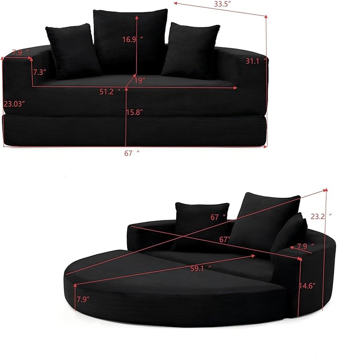 67-inch Convertible Futon Sofa Bed Round Folding Comfy Corduroy Upholstered Couch Bed with 3 Pillows Boneless Floor Lazy Loveseat Sofa for Living Room Apartment Small Spaces Pinstripe Black