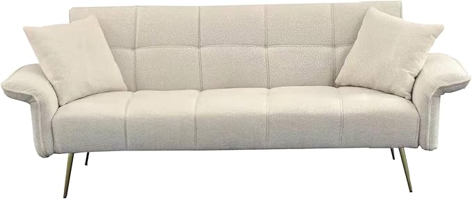 Convertible Sofa Bed Futon Couch Bed with Adjustable Arms and Backrest Modern Love Sofa with Gold Metal Legs for Living Room Bedroom (Teddy Fabric in Beige 70.1 Wx31.1 Dx31.5 H)