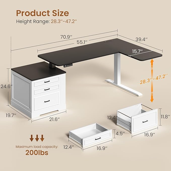 SEDETA Farmhouse L Shaped Electric Standing Desk 70.9 x 39.4 Height Adjustable Office Executive Desk with 3 Drawers Standing Computer Desks with Power Outlet for Home Office White