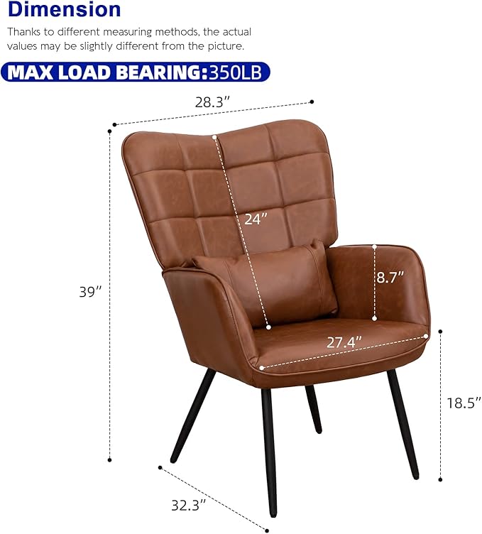 Bonded Leather Armchair Modern Accent Chair High Back Living Room Chairs with Metal Legs and Soft Padded Sofa Chairs for Home OfficeBedroomDining Room (Brown 1pc) ZO255